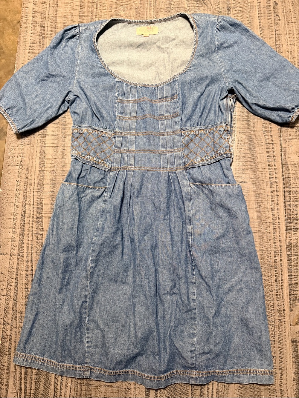 Ecote Light Blue Denim Midi Dress with Embroidered Waist